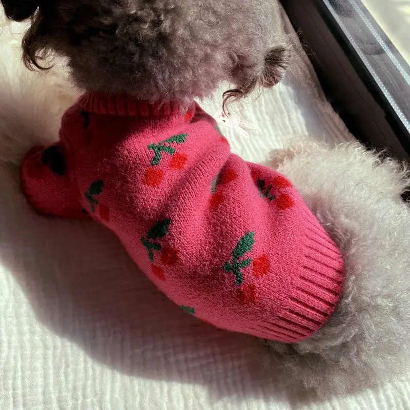 Winter Dog Sweater Cherry Print Dog Clothes Small Dogs Coat Pet Costume Chihuahua Bichon Dachshund Clothing Knitted Warm Sweater