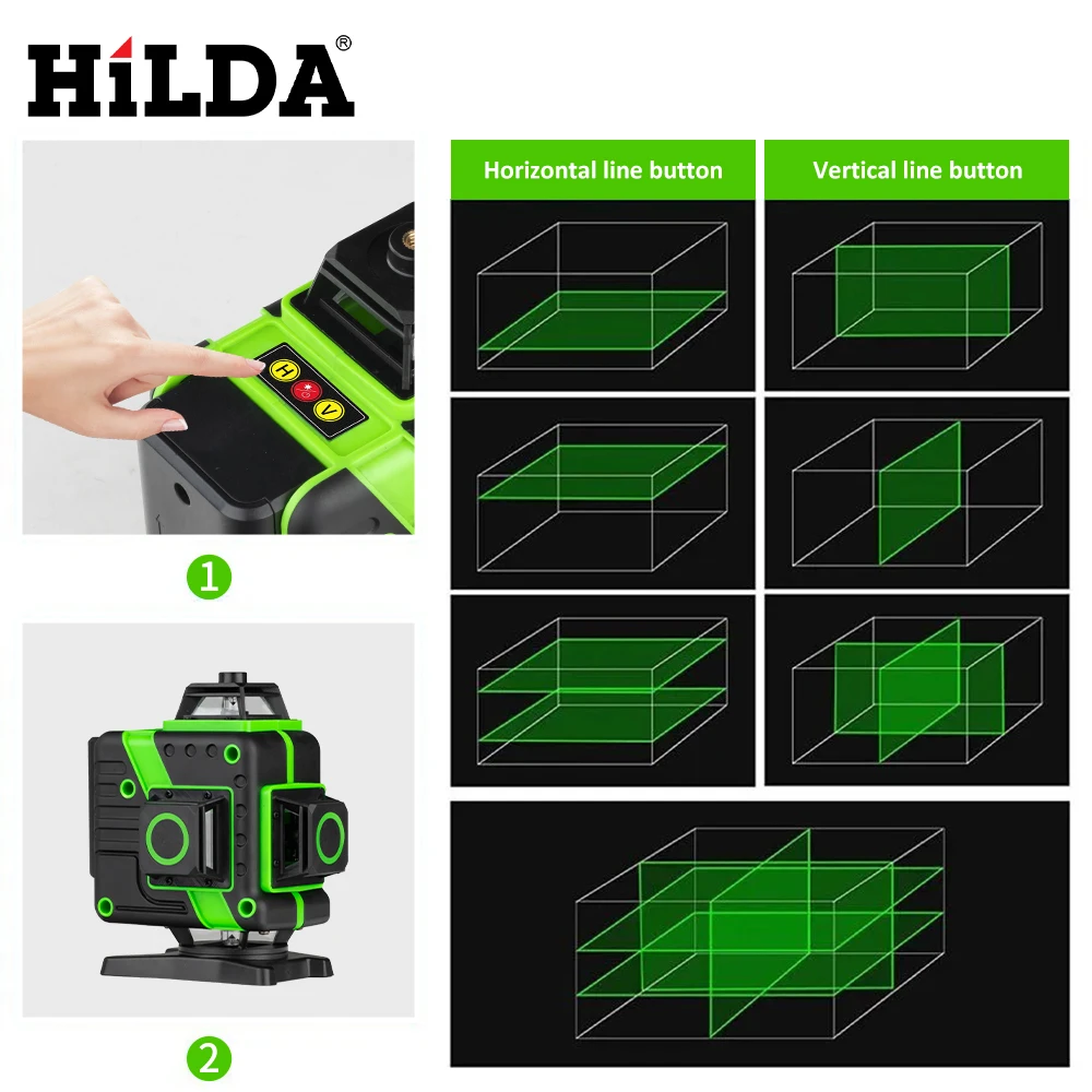 HILDA 3D/4D 12/16 Lines Laser Level Level Self-Leveling 360 Horizontal And Vertical Cross Super Powerful Green Laser Level