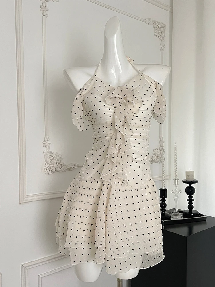 Summer Korean Old Money Mini Mori Girl Chiffon Polka Dot Dress Women 2000s Frock One-Piece French Vintage Coquette Evening Party