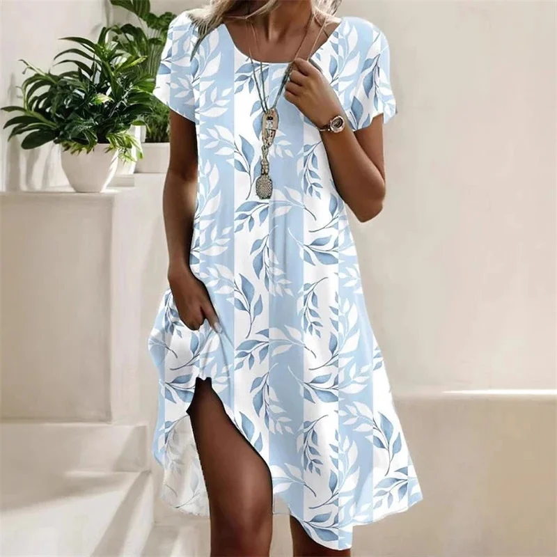 Boho Print Dress Lady Fashion O Neck Short Sleeve Loose Dresses For Women Casual Holiday Beach Skirt Robe Femme Summer New Dress
