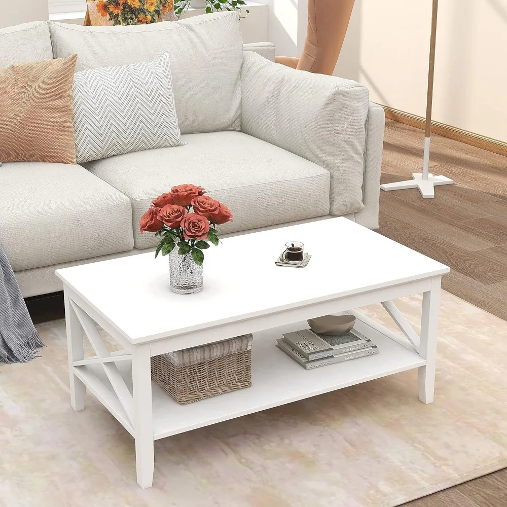White Coffee Table Classic X Design for Living Room, Rectangular Modern Cocktail Table with Storage Shelf, 39 Inch