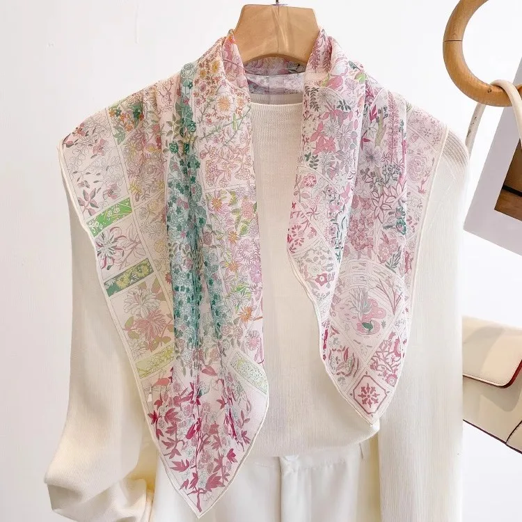 100% Mulberry Silk 65cm Georgette Heart Garden Square Scarf Spring Autumn Summer Women's Fashion Thin