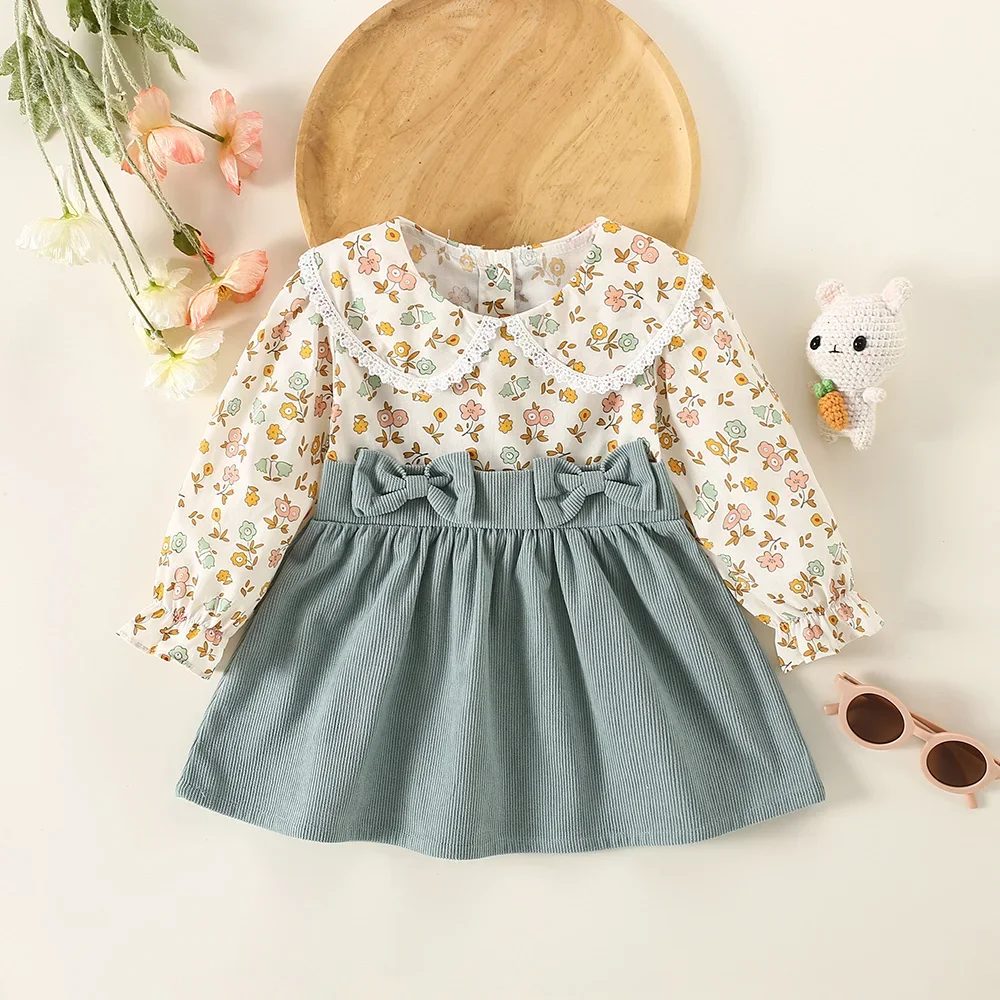 (0-3 Years Old) Spring and Fall New Girls\' Dress Lapel Lace Edge Lace Bow Bow Fake Two Small Floral Patterns Birthday Party