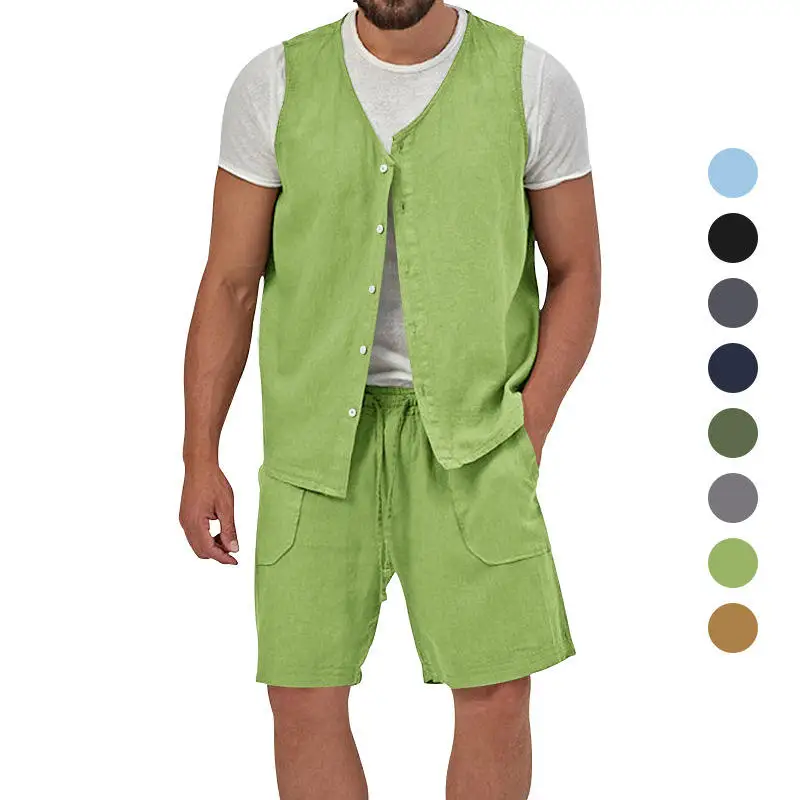 

Casual Cotton Linen Set for Men Summer Independent Station Sleeveless Open Cardigan Shorts Two Piece Set Male Fashion