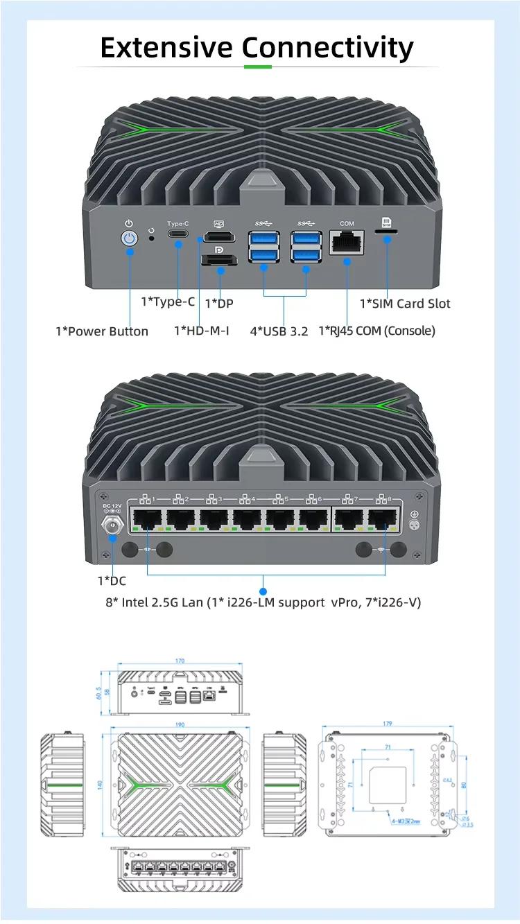 8x2.5G LAN Firewall Mini PC Intel Core Ultra 5 125U VPro IoT AI Edge Industrial Computer Network Server pfSense OPNsense Router