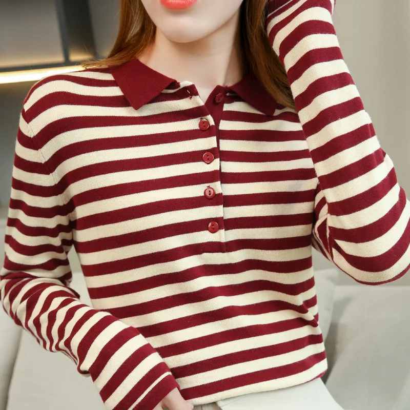 

Women's Pullover Spring/Autumn New 100% Cotton Sweater Casual Striped Knitwear Ladies' Tops Loose POLO Collar Blouse Button