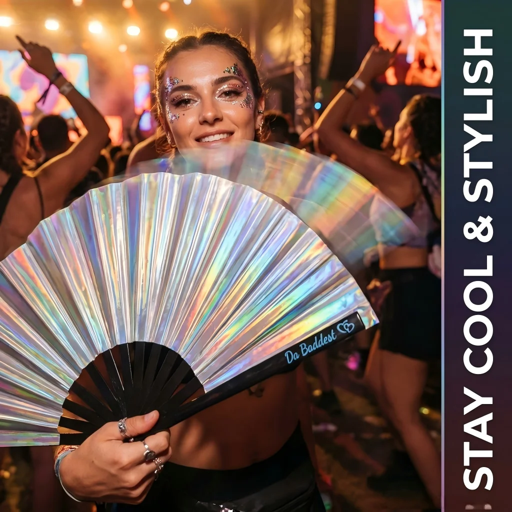 

Holographic Rave Fan | Large Hand Fan | For Rave, Festival, EDM, Party, Pride, Drag Queen Performance | Iridescent Folding Fan