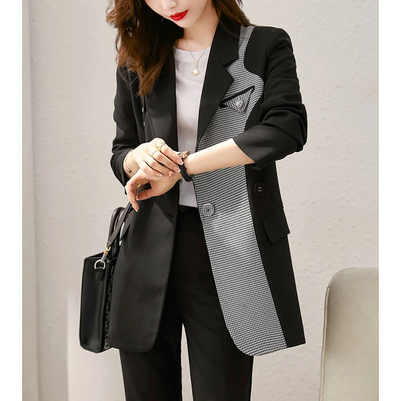 Fashion Lapel Button Pockets Spliced Houndstooth Blazer Women's Clothing 2024 Autumn New Loose Casual Tops Office Lady Blazers