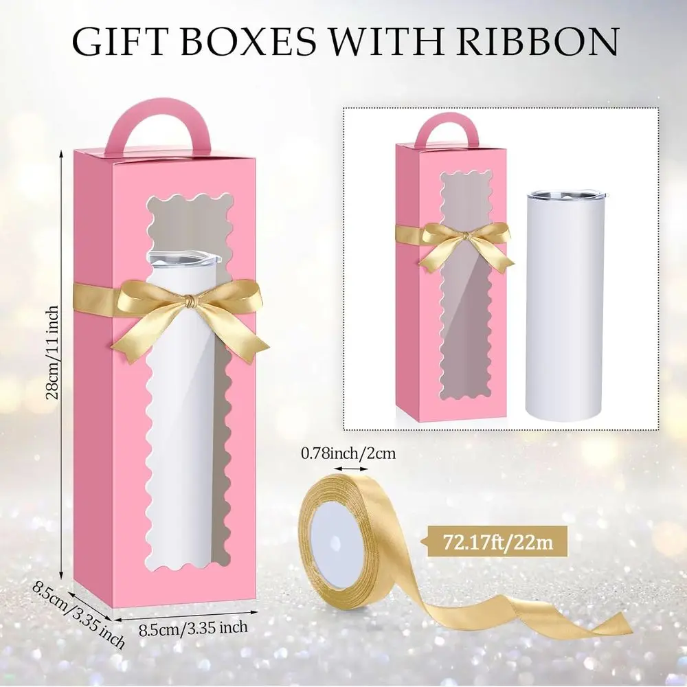 علب هدايا بهلوان من الزجاج الشفاف مكونة من 100 قطعة مع مقبض نافذة وأشرطة وأحجام لـ 12 أونصة، 16 أونصة، 20 أونصة، 30 أونصة - مثالية لـ Chri