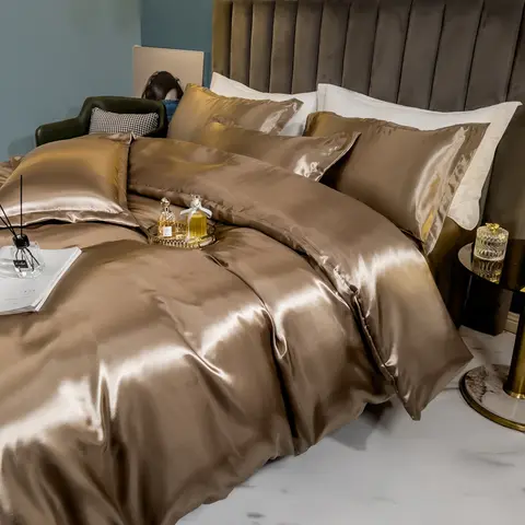 Solid Silk Bedding Set with Duvet Cover Bed Sheet Pillow Case Luxury Single Double Couple Rayon Satin Pillowcases Bedsheet
