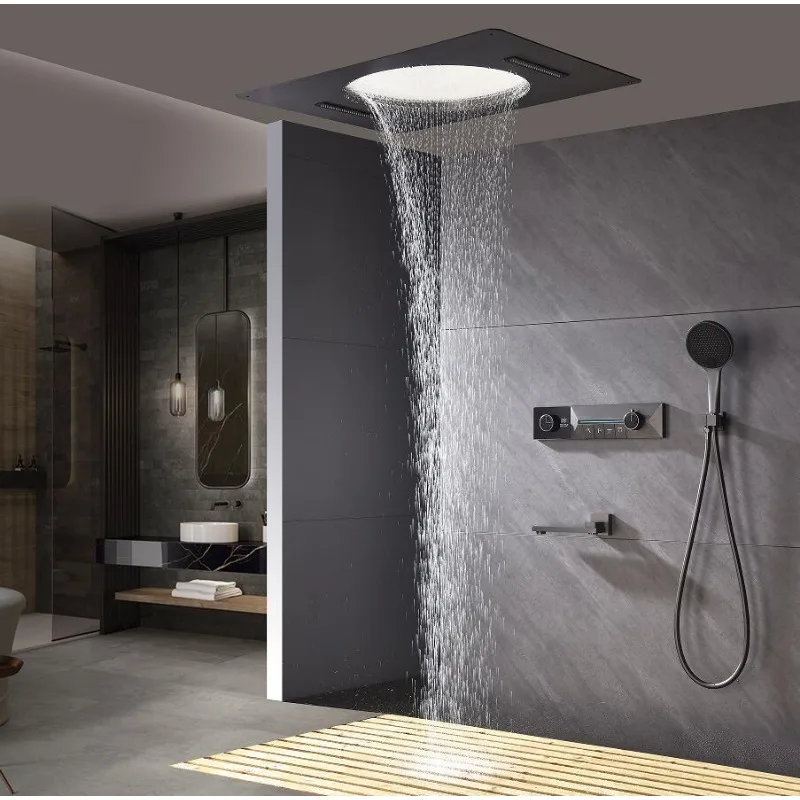 

600*800mm Showerhead LED Multi Functions Rainfall Waterfall Digital Display Thermostatic Concealed Shower Faucet System Set