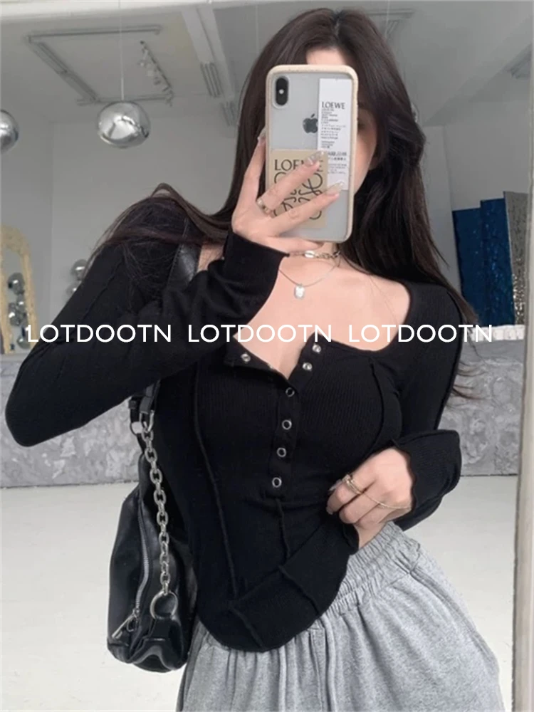 LOTDOOTN 2024 Sexy Club Shirts Fairy Grunge Clothes Y2k Aesthetic Single Breasted Long Sleeve Tops Women V Neck Tees Streetwear