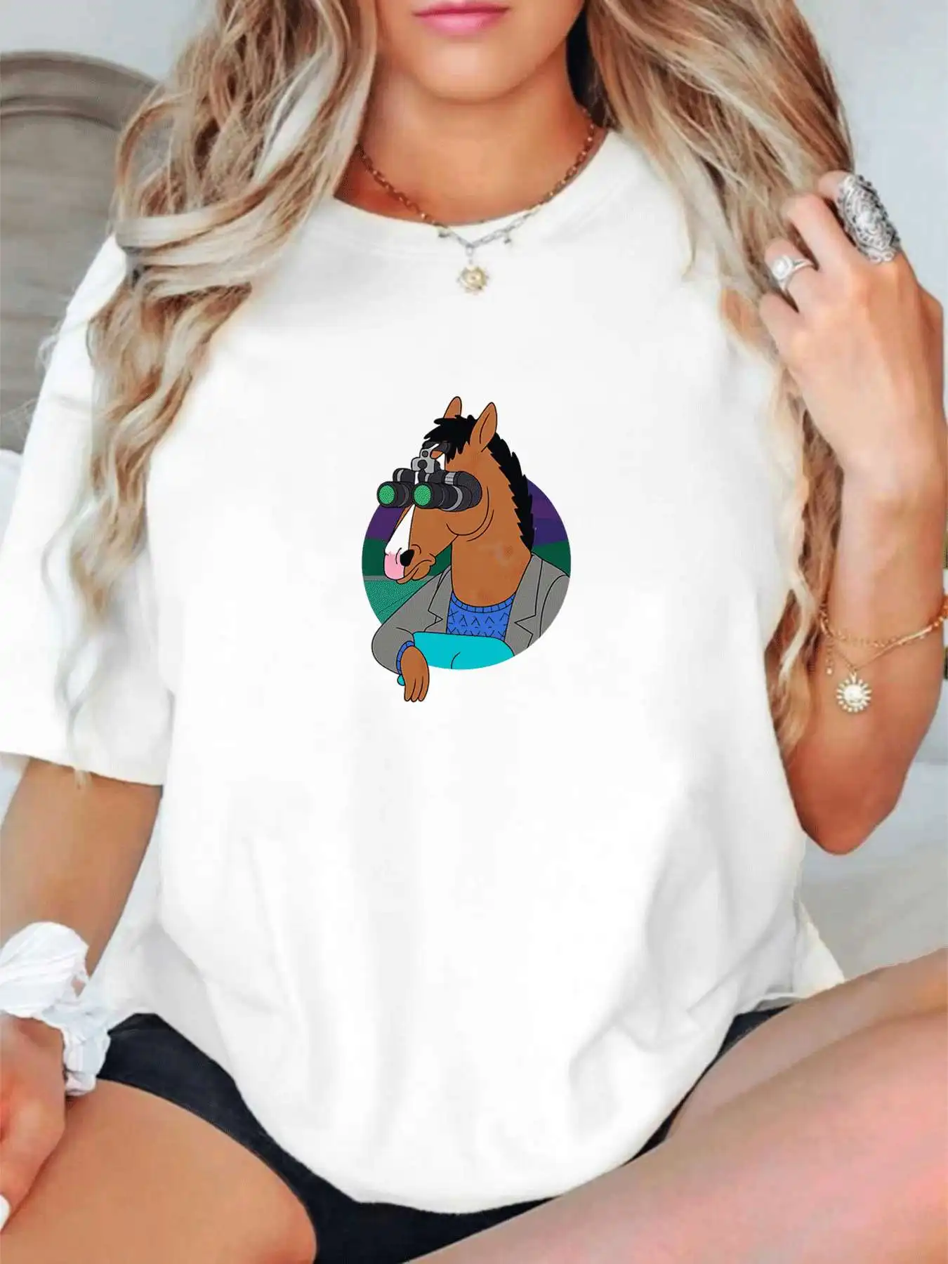 

【1141489】Plus size women's round neck short sleeve T-shirt with elastic half sleeves and trendy prints