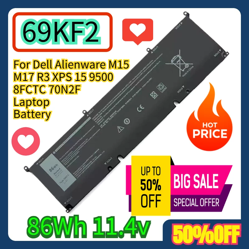 

For Dell Alienware M15 M17 R3 XPS 15 9500 8FCTC 70N2F 86Wh 69KF2 Laptop Battery