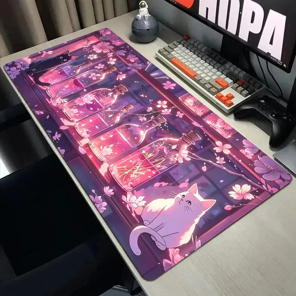 Glass bottle and cats Mouse Pad Desk Mat with Stitched Edge XXL Mousepads Rubber Anti-slip Gamer Keyboard Rug Gaming Mats
