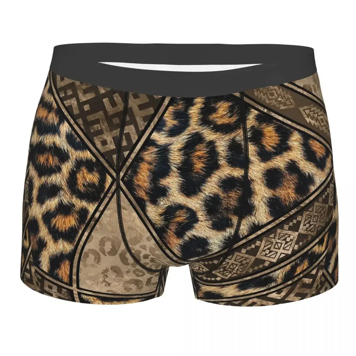 Men Boxer Shorts Panties Leopard Fur With Ethnic Ornaments Soft Underwear Brown Animal  Pattern Homme S-XXL Underpants