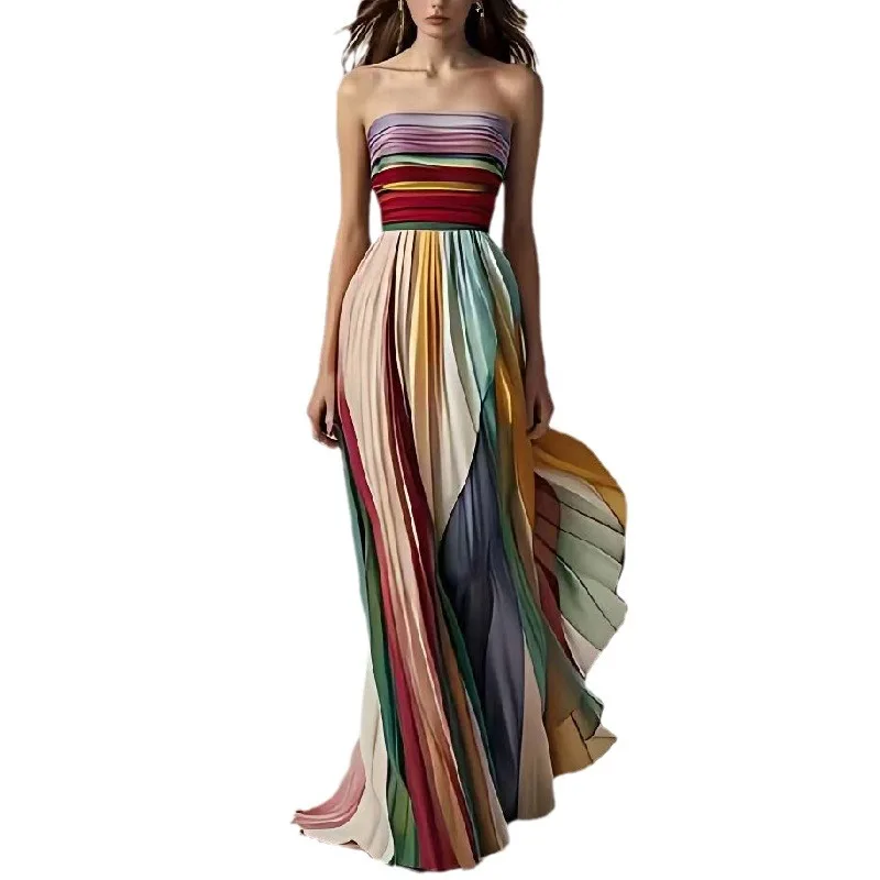 2024 New Fashion Sexy Tube Top Waist Print Colorful Ruffled Long Dress Vestidos De Mujer Birthday Dress for Women