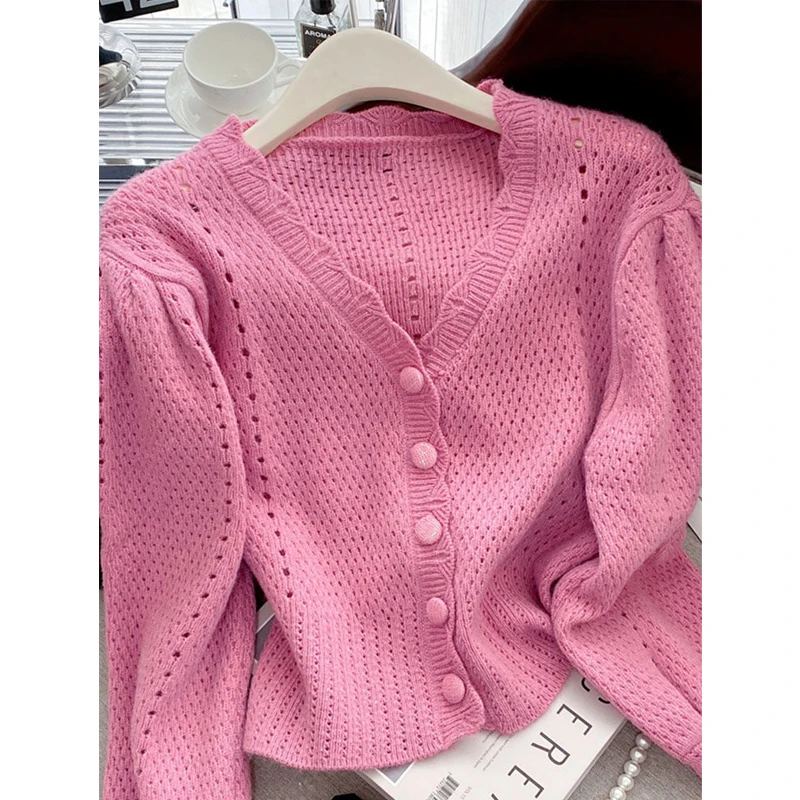 Women Trendy Hollow Kawaii Chic Outewear Single Breasted Knitted Cardigan Y2K Female Casual Sweet Solid Long Sleeve Sweater Coat