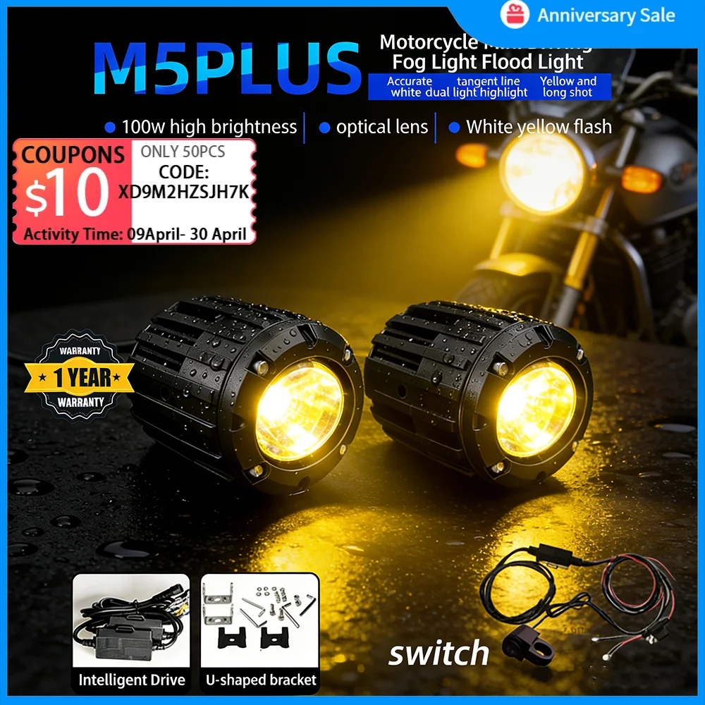 

Motorcycle Fog Lights Led Auxiliary Driving Lamp Moto Headlight Spotlights 100W Wired Switch Dual Color Motorcycle Led lights