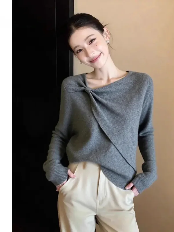 

Retro V-Ne Knitwear Women's Loose Sle Slimming Knot Design Comfortable Commute Sweater Soft Long Sve Mid-Thi Coat