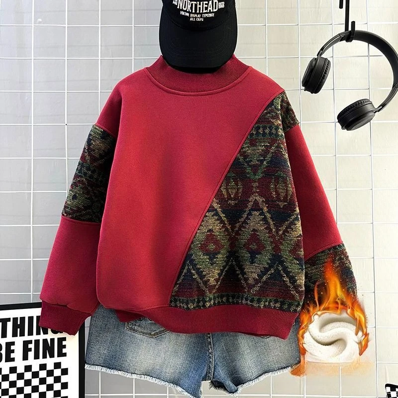 Boys Jacquard Fleece Hoodie Thick Warm Pullover Autumn Winter Kids Casual Sweatshirt Children Base Layer Tops