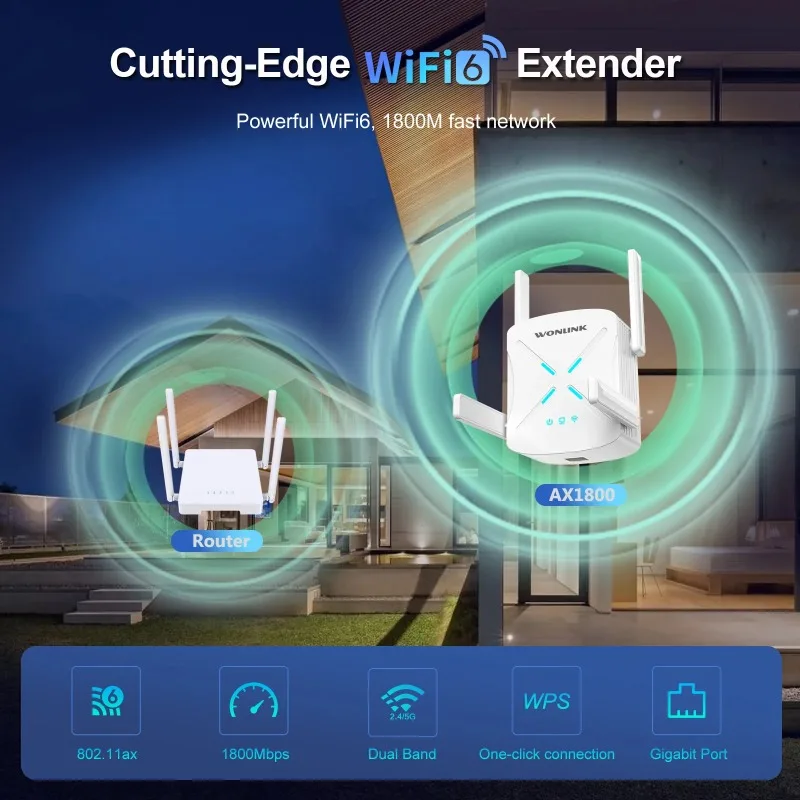 Wi-Fi 6 Range Extender AX1800 2G&5GHz Dual Band WIFI Repeater 4*2dBi antenna Gigabit WiFi 6 Long Distance Range Signal Expansion