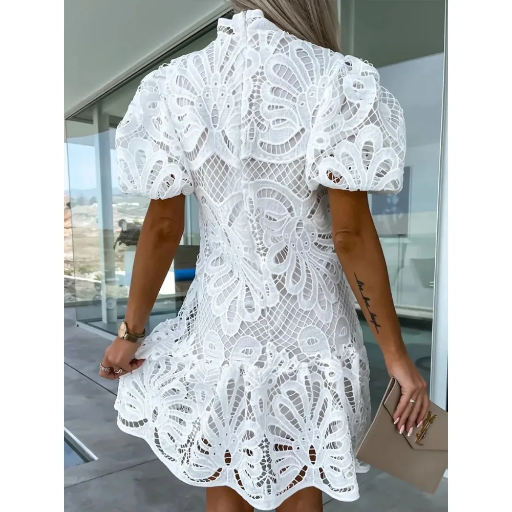 White Lace Dress Women Summer Sexy Hollow Out Embroidered Mini Dresses Female Vintage Elegant Fashion Puff Sleeve Short Dresses