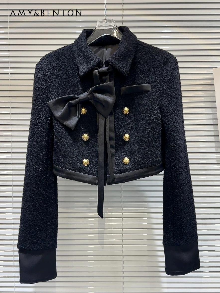 

Autumn Sweet Socialite Bow Pin Tie Woolen Thickened Short Coat French Temperament Splicing Color Double-breasted Loose Wool Coat