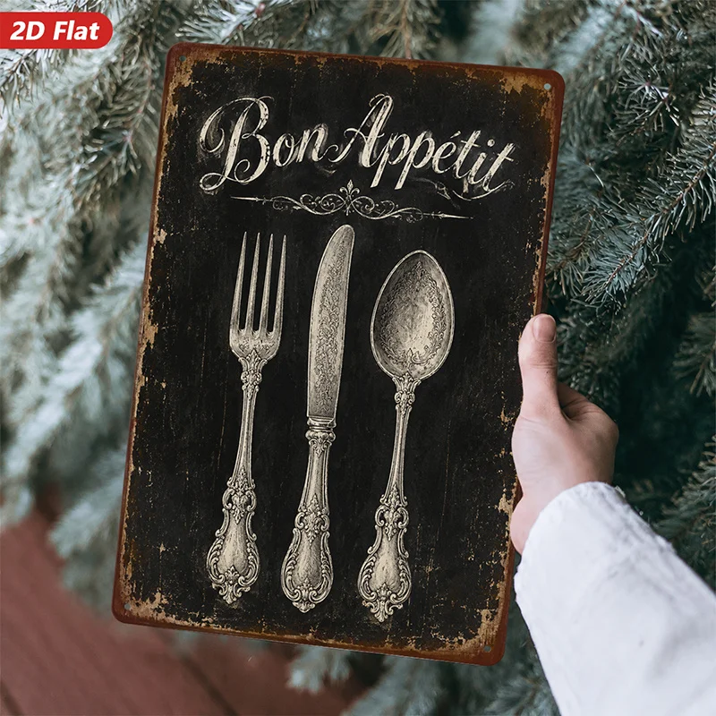 Metal aluminum Sign Wall Art, Bon Appetit Wall Art, Vintage Cutlery Design, Rustic Style, Home Decor, for Kitchen, Dining Room