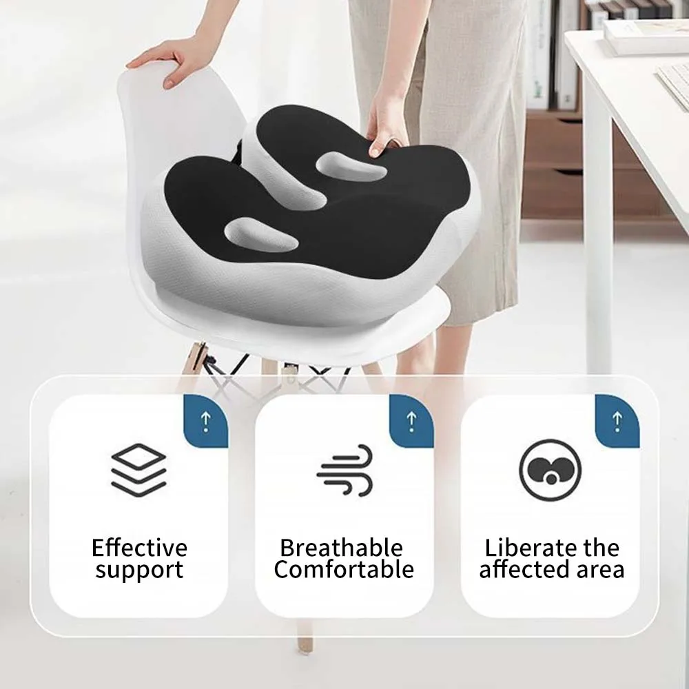 Druckbeständiges und atmungsaktives ergonomisches Sitzkissen mit langsam zurückfedernder Füllung und gekrümmter Oberfläche, die sich den Hüften anpasst. – Detail 4