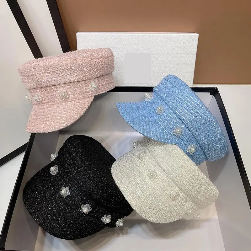 

Весенне-осенний берет с плоским верхом, женская уличная одежда в стиле ретро, элегантный берет с жемчугом и цветами