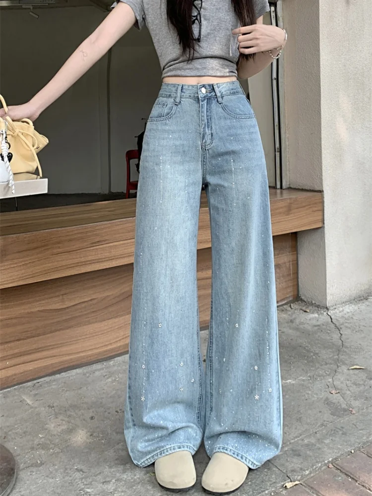 

2025 Chic Y2K Fashion Hot Fix Rhineston Washed Blue Baggy Jeans Pants For Women Clothing Korean Casual Lady Trousers Ropa Mujer