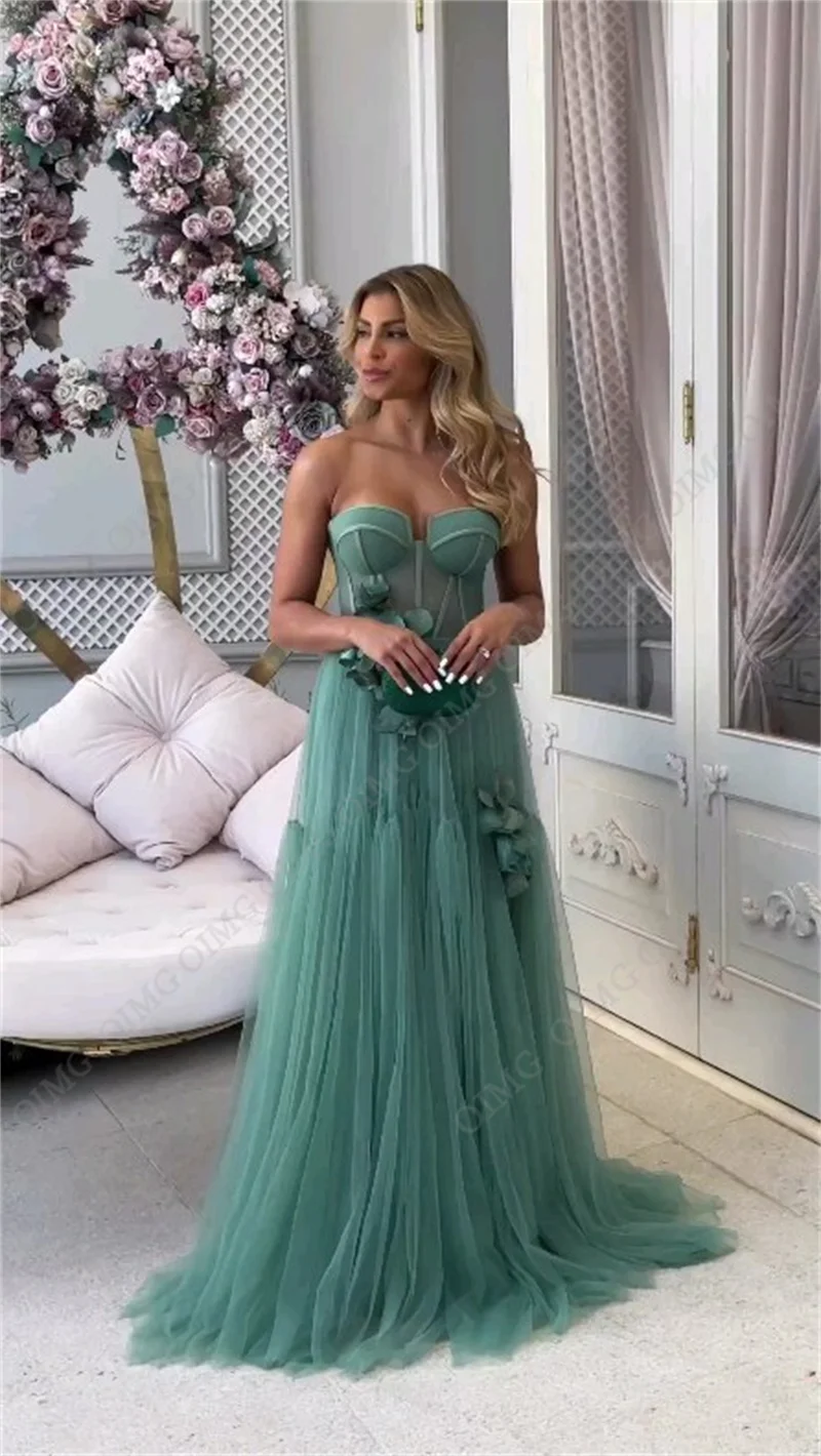 OIMG Dusty Green Long Evening Dress 3D Flowers Sleeveless Sweetheart Prom Gowns 2023 Wedding Party Dress vestidos de novia