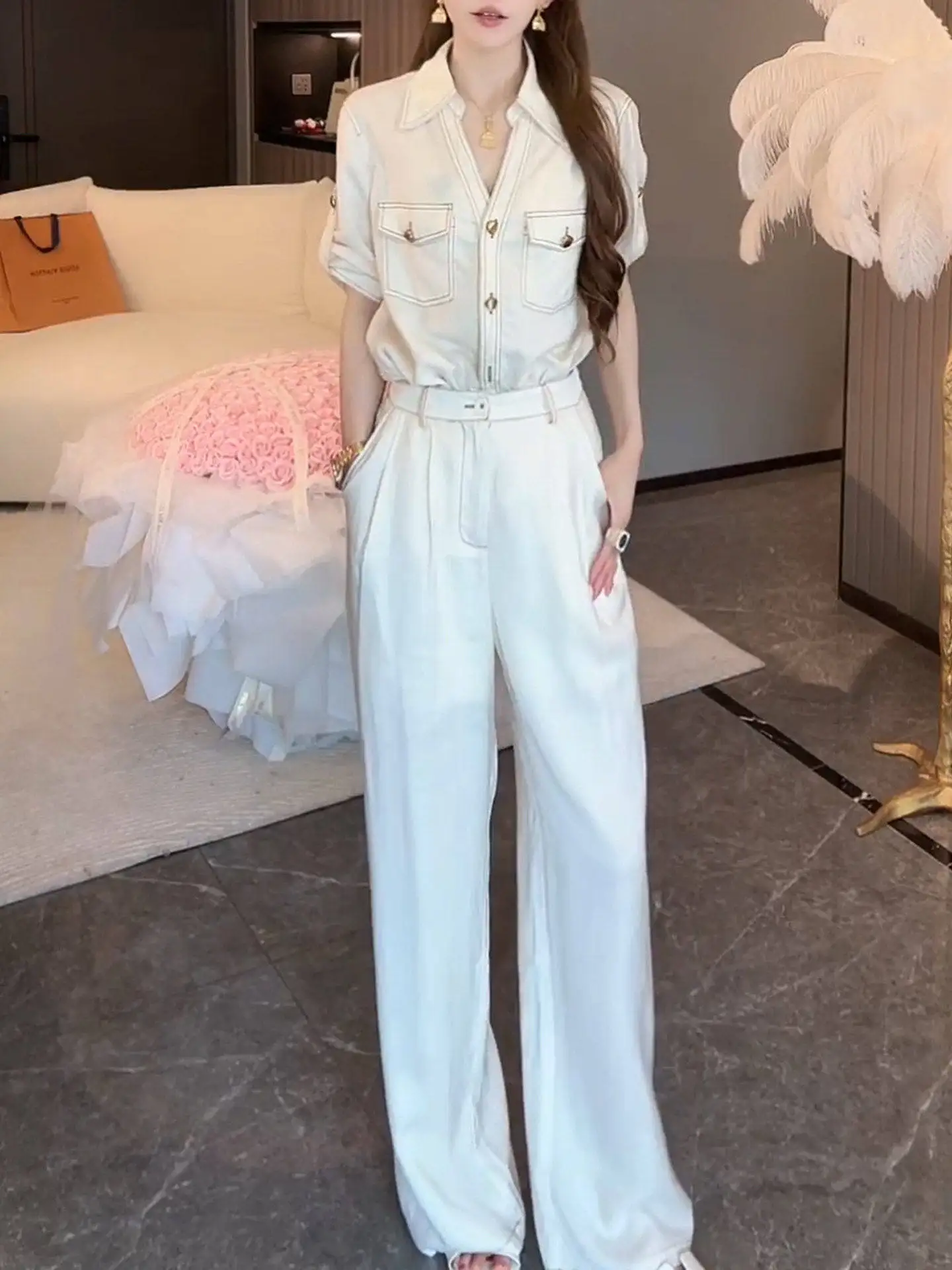 

Fashionable Summer Outfit Women's Shirt And High Waist Wide Leg Pants Two Piece Set Casual Style Breathable Polyester Fabric