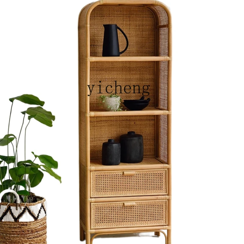 

ZC Japanese-Style Real Rattan Bookshelf Rattan Decorative Frame Storage Rack Simple Height Living Room Storage Locker