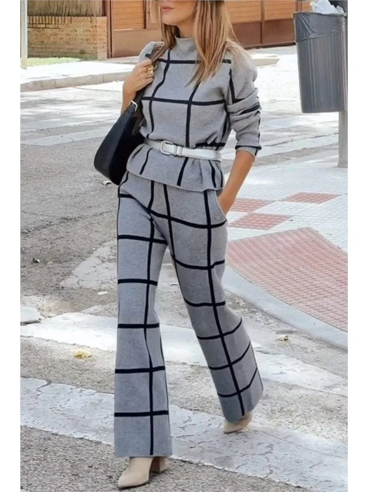 

Women Fashion Plaid Printed Two Piece Set Long Sleeve Cropped Top High Waist Straight Trousers 2 Piece Sets Commuting Style 2025