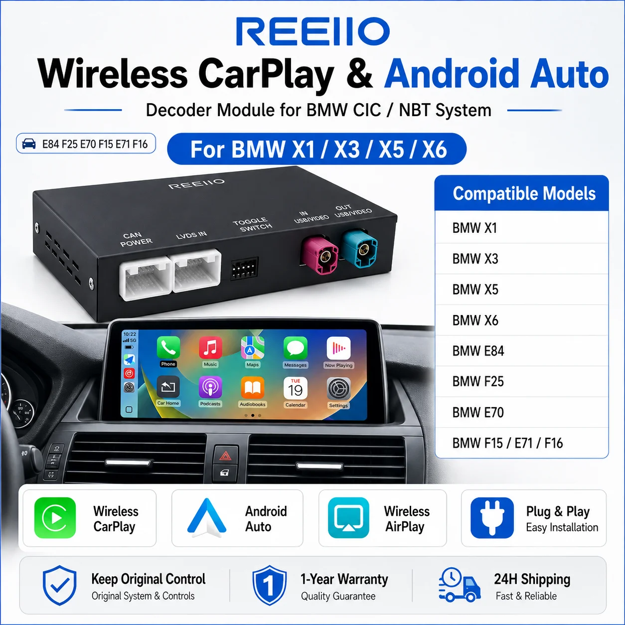 Adaptateur d'interface CarPlay sans fil, fonctions de navigation Android Auto pour BMW X1 X3 X5 X6 E84 F25 E70 F15 E71 F16 système CIC NBT