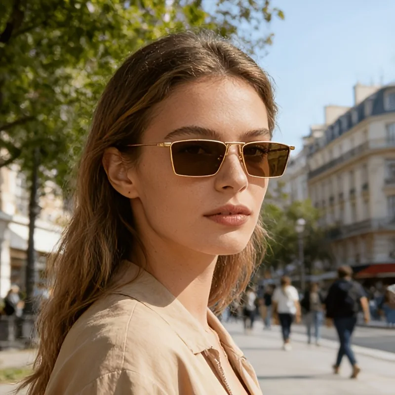 1Pc Women Retro Y2K Fashion Glasses, Elegant Polished Gold Rectangular Frame, Durable Metal Hinges for Daily Outfits