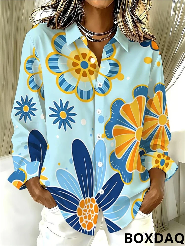 Women's Gradient 3D Flower Pattern Printed Shirts Loose Long Sleeved Lapel Button Casual Blouse 2026 Autumn Women's Tops