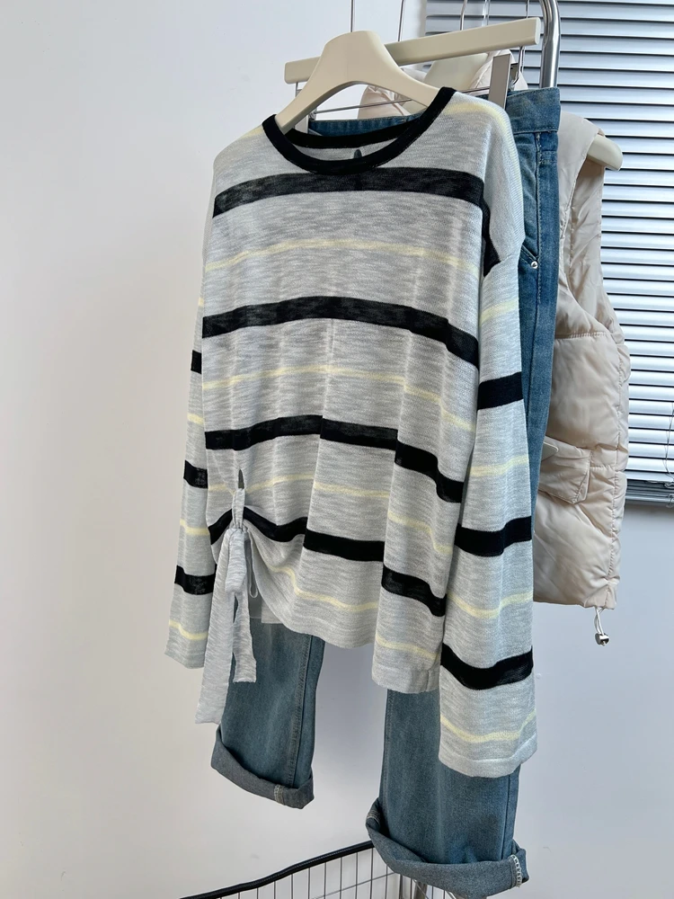 

Женский вязаный свитер в полоску с длинными рукавами, свободного кроя, больших размеров, весенний топ в корейском стиле, удобный, в стиле lazy fashion