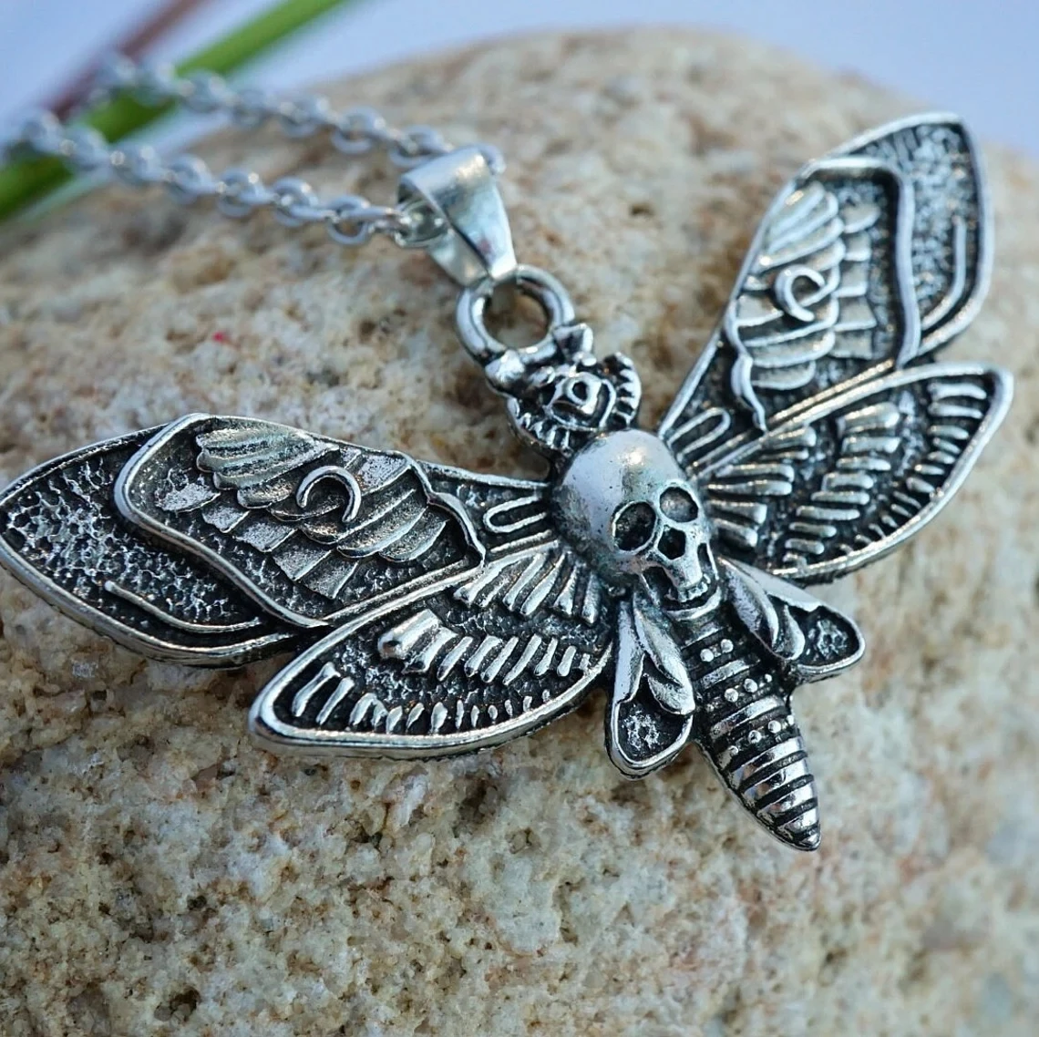 Death Moth Necklace Pendant 18inch Chain Sugar Skull Gothic Butterfly Rock Emo Goth Silver Color 18inch Strong Chain