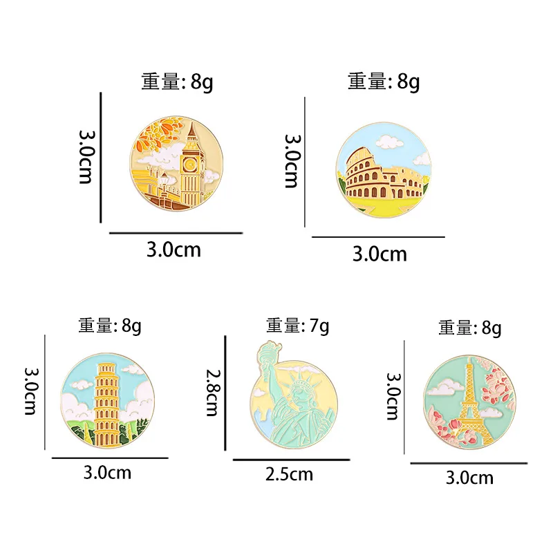 Cartoon Sweet Tourism Scenery World Famous Scenic Spot Enamel Pins Tower Flowers Round Alloy Brooch Badge Jewelry Gift For Kid