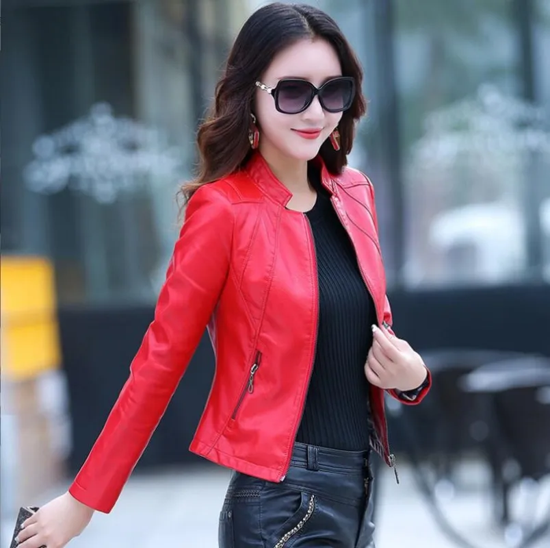 Spring Genuine Leather Jacket Women Real Orange Leather New Outerwear Sheepskin Coat Women's Moto Biker Zipper Jackets