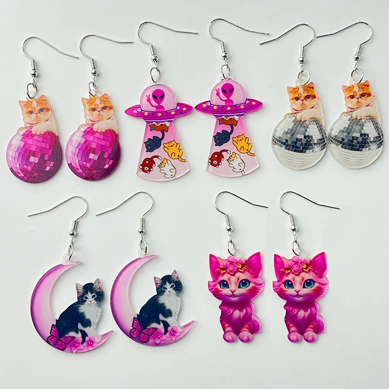 New Popular Fun Earrings Acrylic Cat Pink Disco Laser Ball Moon Alien Spaceship Earrings