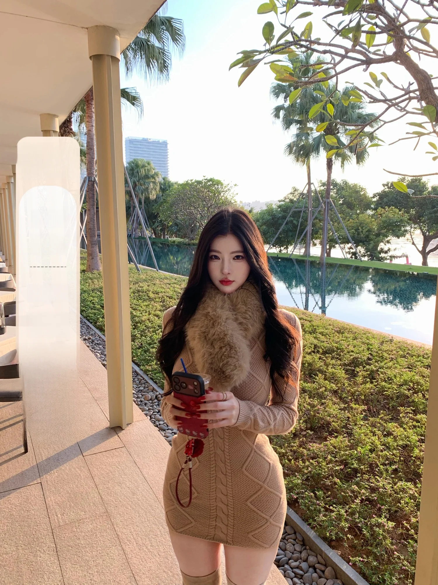 

ternoon Tea Break Long Sve Wrap around Skirt Dr Women's Autumn Winter Faux Fur Collar Waist Cinched ort Skirt