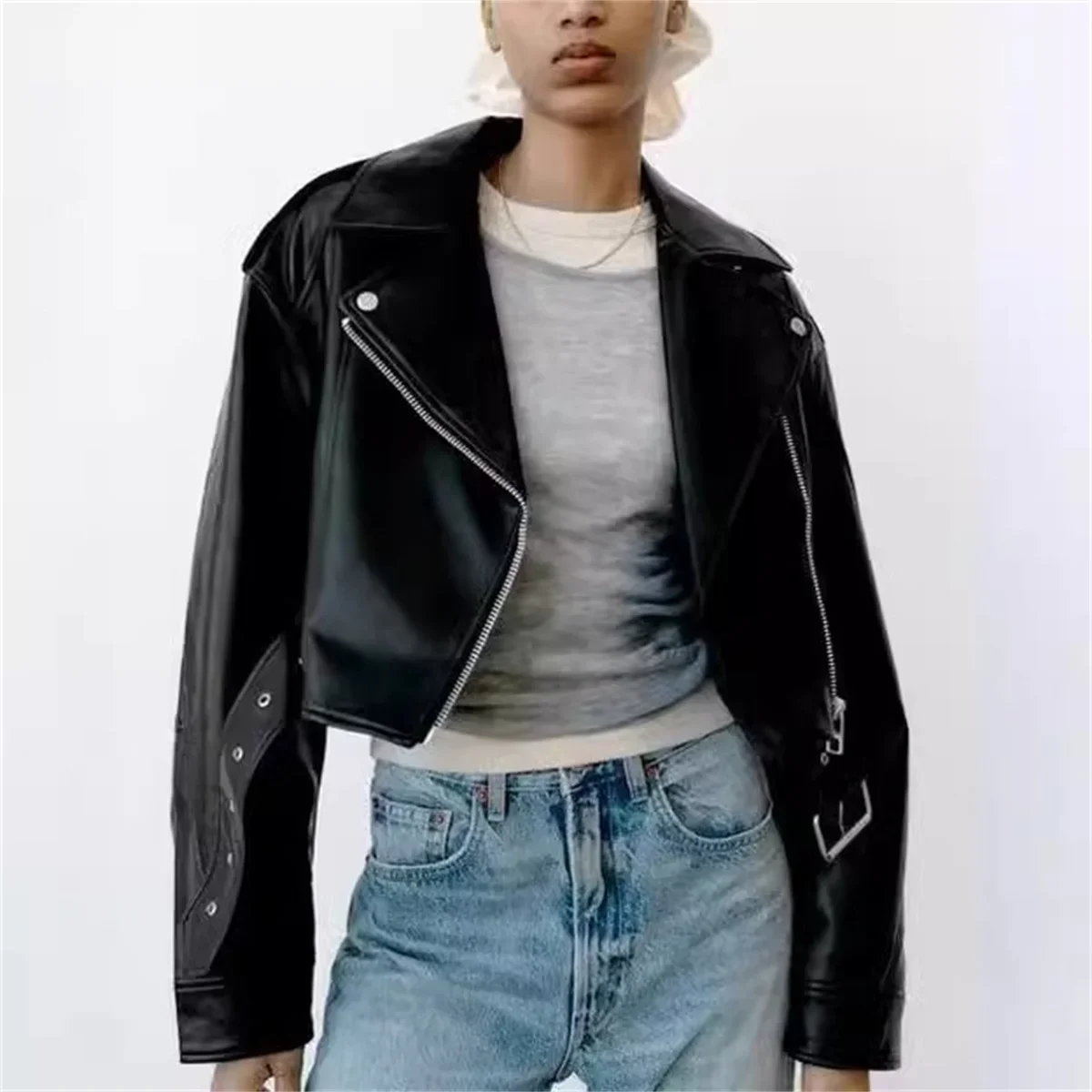 

Women Black Faux Leather Jacket Casual Lady Lapel Zipper Belt Short Leather Jacket Vintage High Street Motorcycle Biker Coat