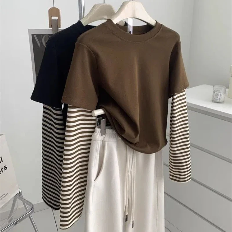 German Velvet Brushed Reducing Versatile Patchwork Striped Long Sleeved T-shirt Women Autumn Winter Loose Casual Base Shirt Top