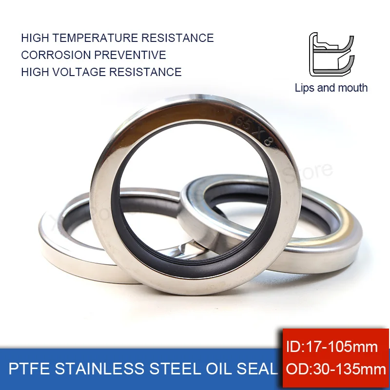 1Pcs ID 17-105mm Double Lip High Temperature Resistant Shaft Seal For Air Compressor PTFE Stainless Steel Oil Seal OD 30-135mm