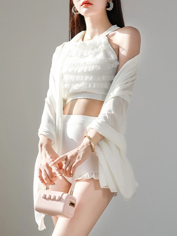 OIINAA ثلاث قطع ملابس السباحة النساء الأبيض تكدرت الربيع الساخن ملابس السباحة شبكة الشاطئ التستر تنّورة ملفوفة الصيف جديد الكورية مجموعة البكيني