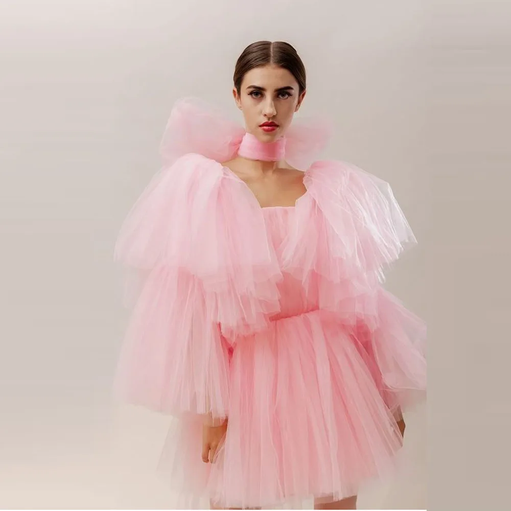 

Beautiful Pink Layered Tulle Women Mini Maxi Dresses With Neckwear A-line Full Sleeves Short Women Dress To Party Bridal Dress